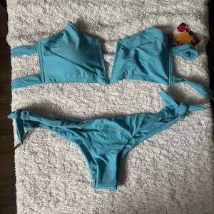 Venice Rani Swimwear Blue Removable Straps & Tie Bottom Two Piece Bikini Lge NWT